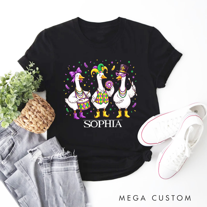Personalized Mardi Gras Goose Sublimation Classic T-shirts King Cake Donut Shirt with Name Louisiana Tee Carnival Coquette Tee for Baker Baking Lover