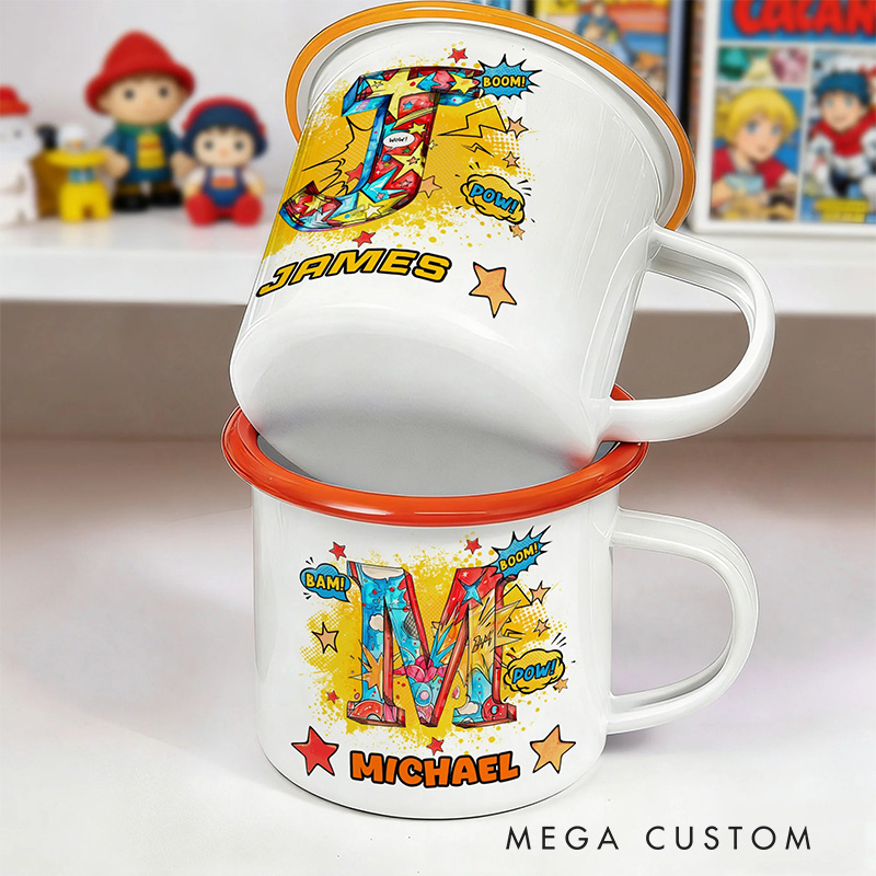 Personalized Comic Initial 12oz Enamel Mug with Initial and Name Back to School Birthday Easter Gift for Kids