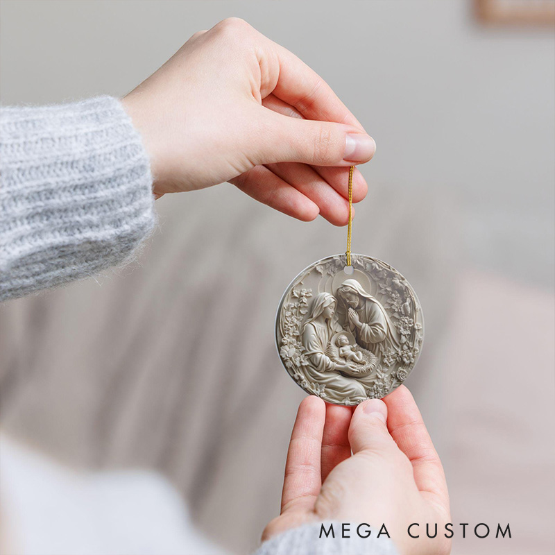 Personalized Nativity Ceramic Christmas Ornament for Christmas with Custom Name Religious Home Décor Faux 3D Holy Family Keepsake Christian Gift