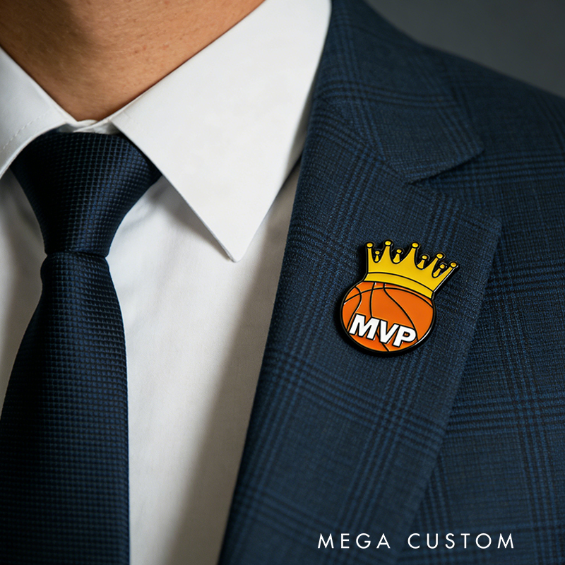 Personalized Basketball Themed Pins Featuring Basketball Hoops and Crowns