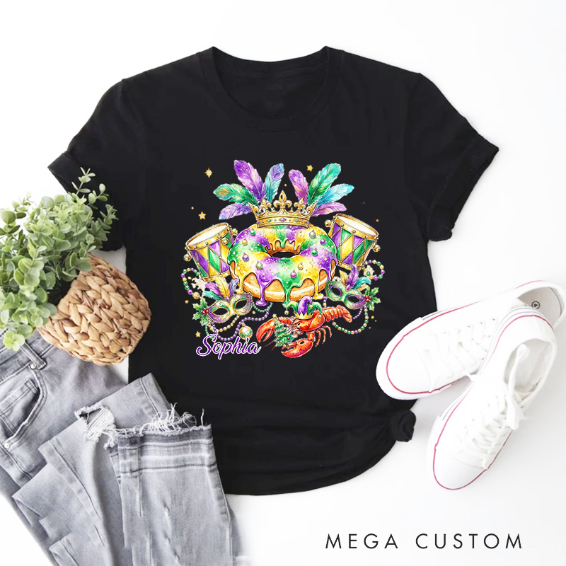 Personalized Mardi Gras King Cake Classic T-shirts Louisiana Carnival Graphic Tee with Name Fat Tuesday Festival Top for Donut Lover Baker Baking Lover