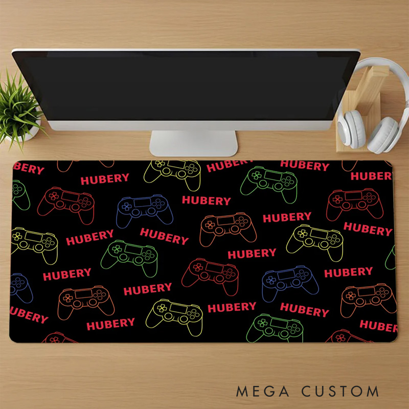 Personalized Neon Gamepad Design Non-Slip Large-Size Mouse Pad Desk Mat with Name Birthday Gift for Game Lover Students Colleagues Friends