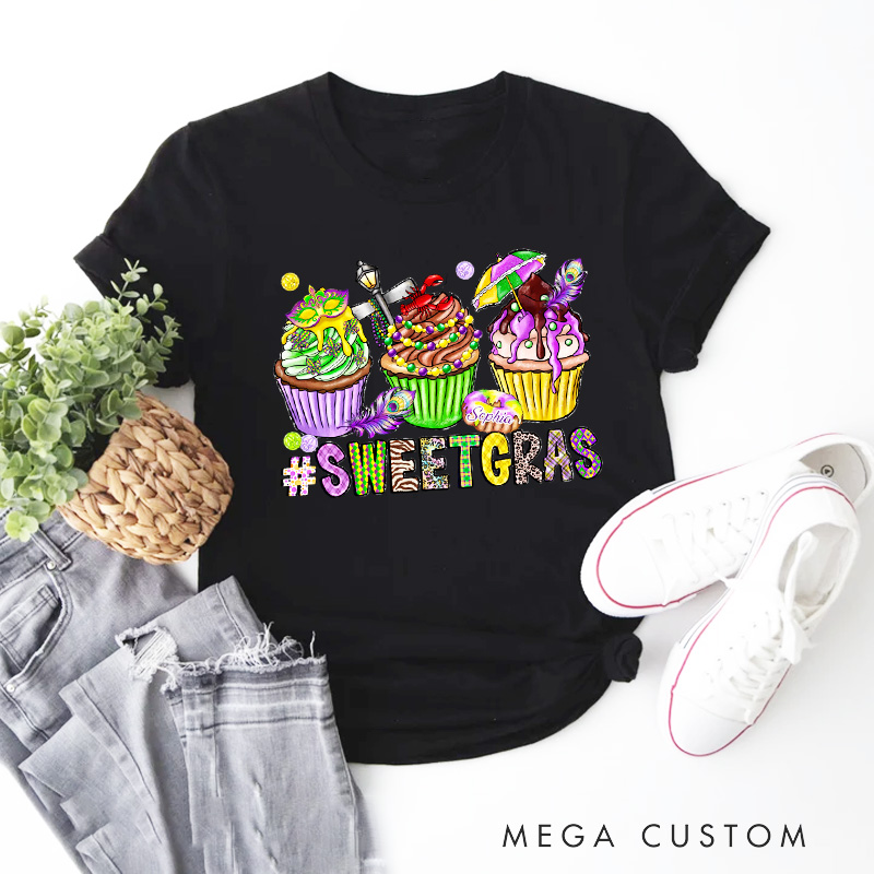 Personalized Sweet Mardi Gras Classic T-shirts Mardi Gras Cupcake Tee with Name Sweet Gras Shirt for Donut Lover Baker Baking Lover