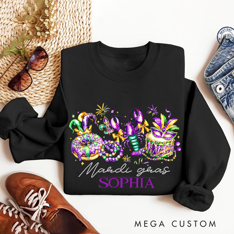 Personalized Mardi Gras Donut Sweatshirt with Name Retro King Cake Shirt Louisiana Tee Gift for Baking Lover Him Her