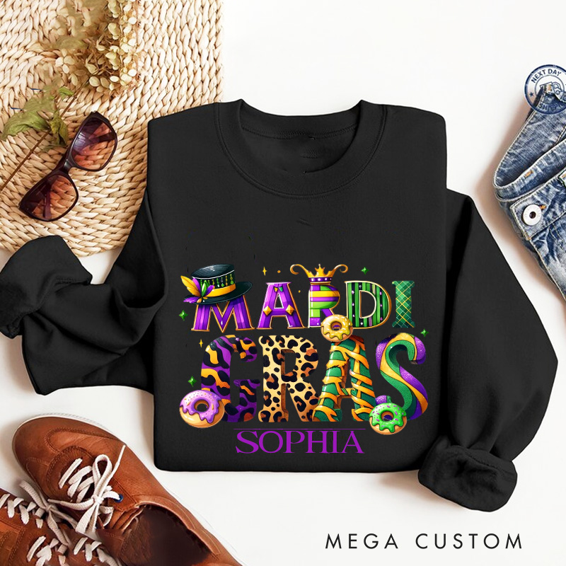 Personalized Mardi Gras Donut Sweatshirt with Name Retro King Cake Sweatshirt Carnival Coquette Shirt Gift for Baking Lover Him Her