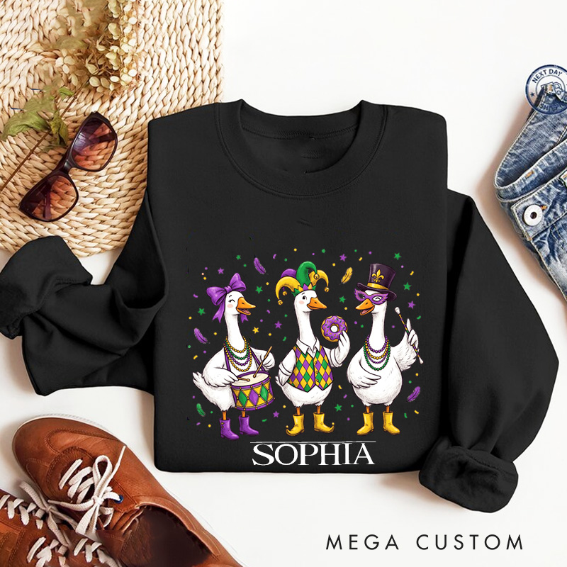 Personalized Mardi Gras Goose Sublimation Sweatshirt with Name Donut Goose Sweatshirt Carnival Coquette Shirt Gift for Baking Lover Him Her