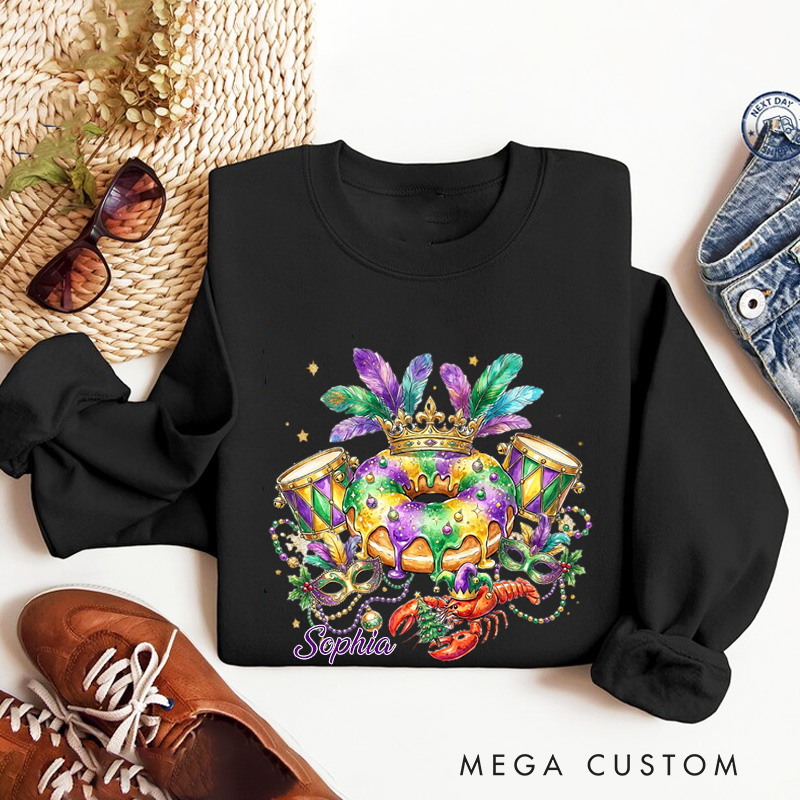 Personalized Mardi Gras King Cake Sweatshirt with Name Louisiana Carnival Graphic Sweatshirt Fat Tuesday Shirt Gift for Baking Lover Him Her Cake Lover