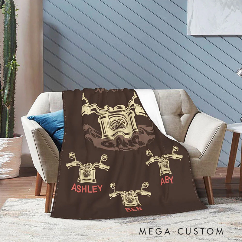 Personalized Biker Gifts Custom Motorcycle Gang Fleece Blanket with Kids Names Fathers Day Gift for Dad Family Motorcycle Lovers