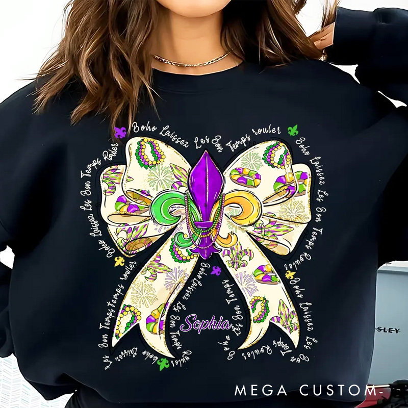Personalized Mardi Gras Donut Bow Sweatshirt with Name Louisiana King Cake Sweatshirt Fat Tuesday Shirt Gift for Baking Lover Him Her Cake Lover