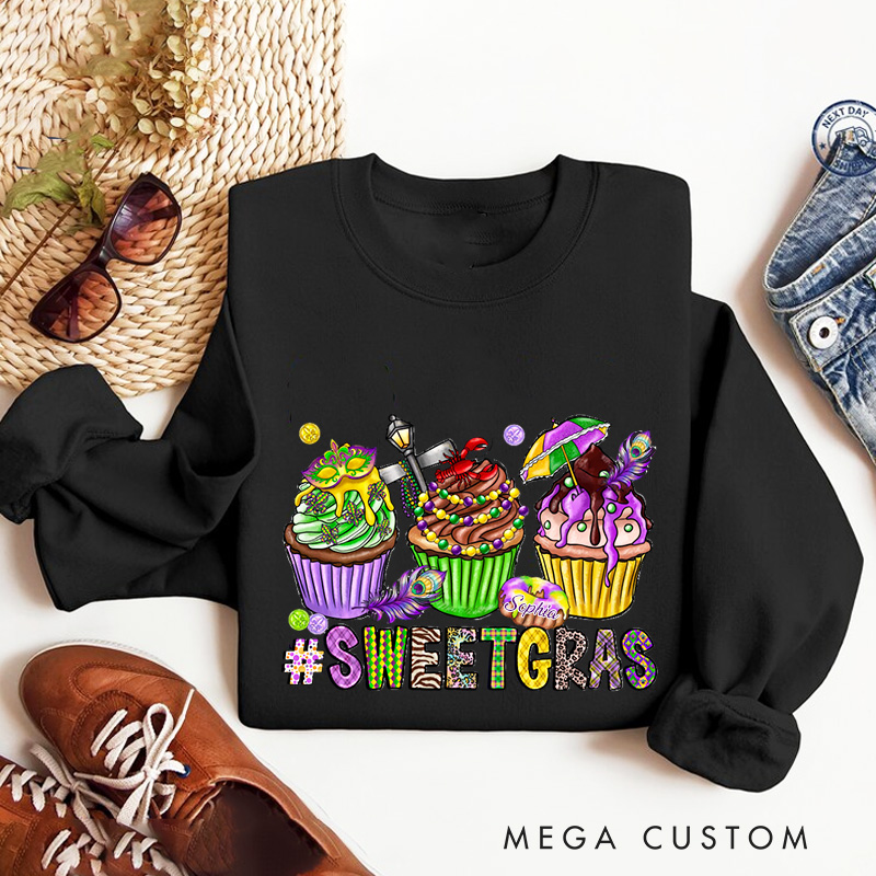 Personalized Sweet Mardi Gras Sweatshirt with Name Mardi Gras Cupcake Sweatshirt Fat Tuesday Shirt Gift for Baking Lover Him Her Cake Lover