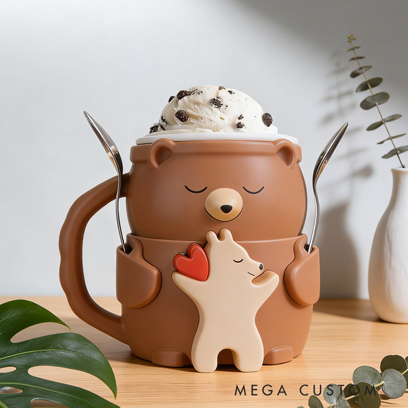 Personalized Adorable Bear Ice Cream Cozy Pint Holder 3D Printed with Spoon Slots & Snack Drawer for Mom Kids