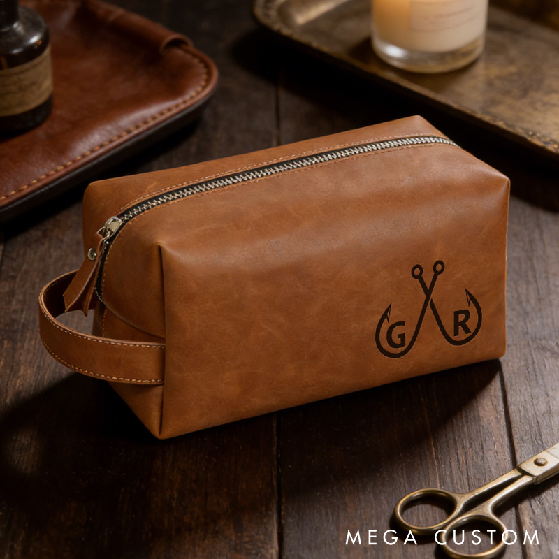 Personalized Leather Dopp Kit Engraved Fishing Toiletry Bag Hunter Gift for Dad Husband Father