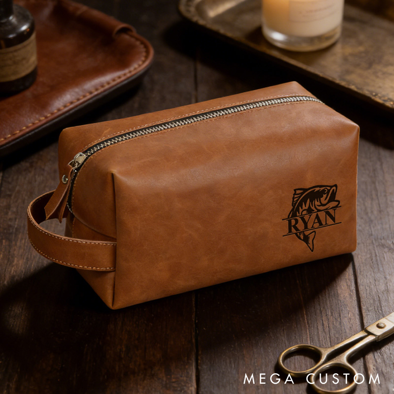 Personalized Fishermantoiletry Bag Custom Fishing Leather Dopp Kits Fishing Gift for Dad Husband Father