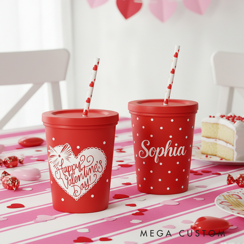 Kids' Valentine's Day Personalized Name Party Cups Polka Dot and Heart Design Celebrate and Share Love