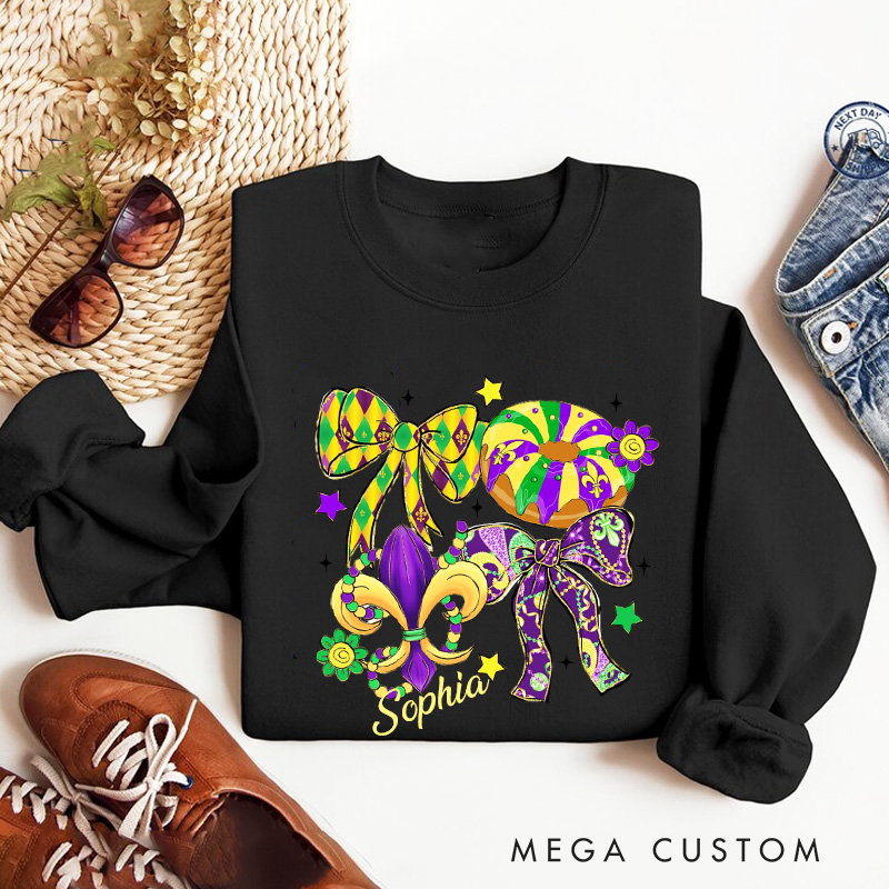 Personalized Mardi Gras Coquette Sweatshirt with Name Preppy Bow King Cake Coquette Sweatshirt Fat Tuesday Shirt Gift for Baking Lover Her Cake Lover