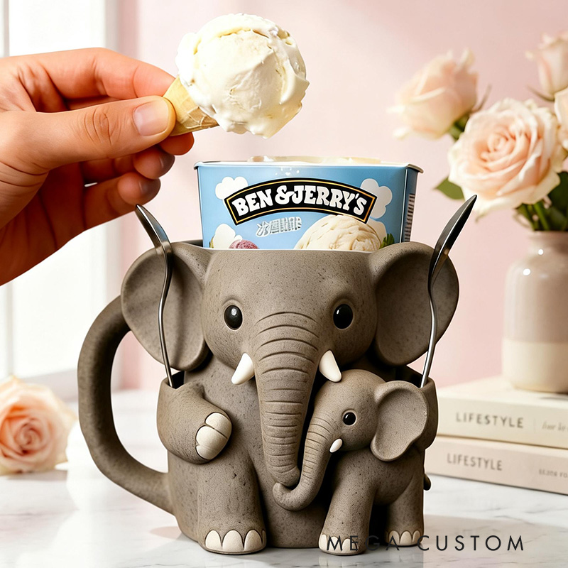 Personalized Adorable Elephant Ice Cream Cozy Pint Holder 3D Printed with Spoon Slots for Mom Kids Ice Cream Lover