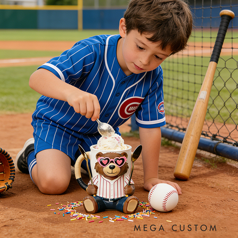 Personalized Baseball Mascot Bear Ice Cream Pint Holder with Adorable Heart Sunglasses 3D Printed with Spoon Slots & Snack Drawer for Baseball and Ice Cream Enthusiasts