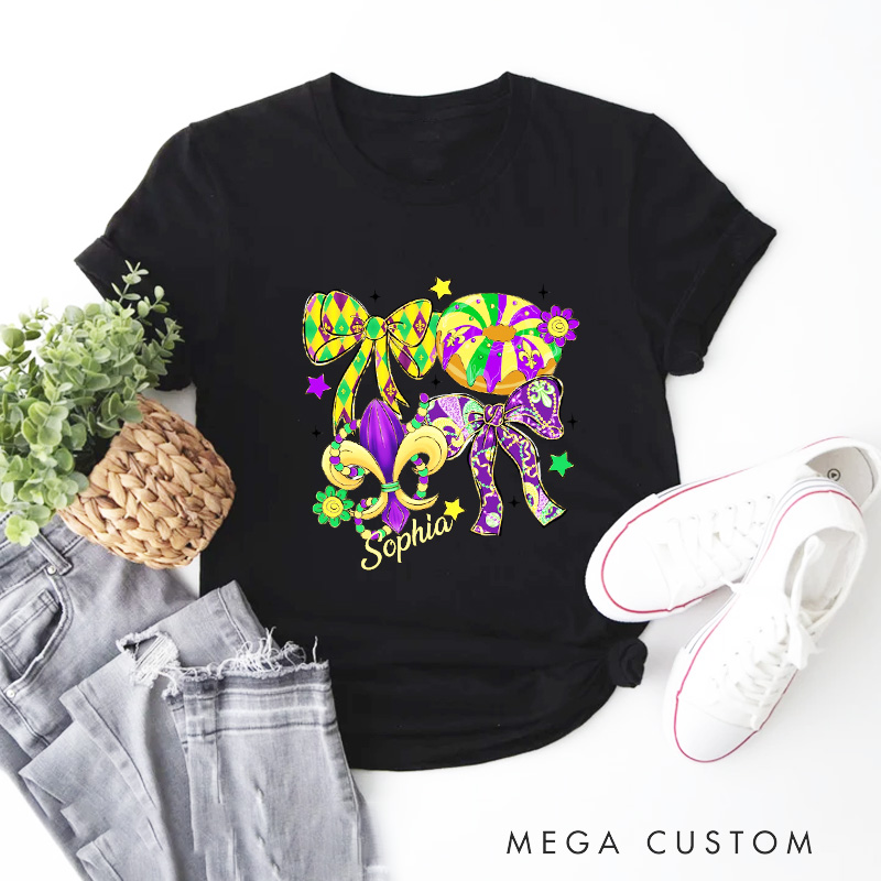 Personalized Mardi Gras Coquette Classic T-Shirts Preppy Bow King Cake Coquette Tee with Name Shirt for Donut Lover Baker Baking Lover