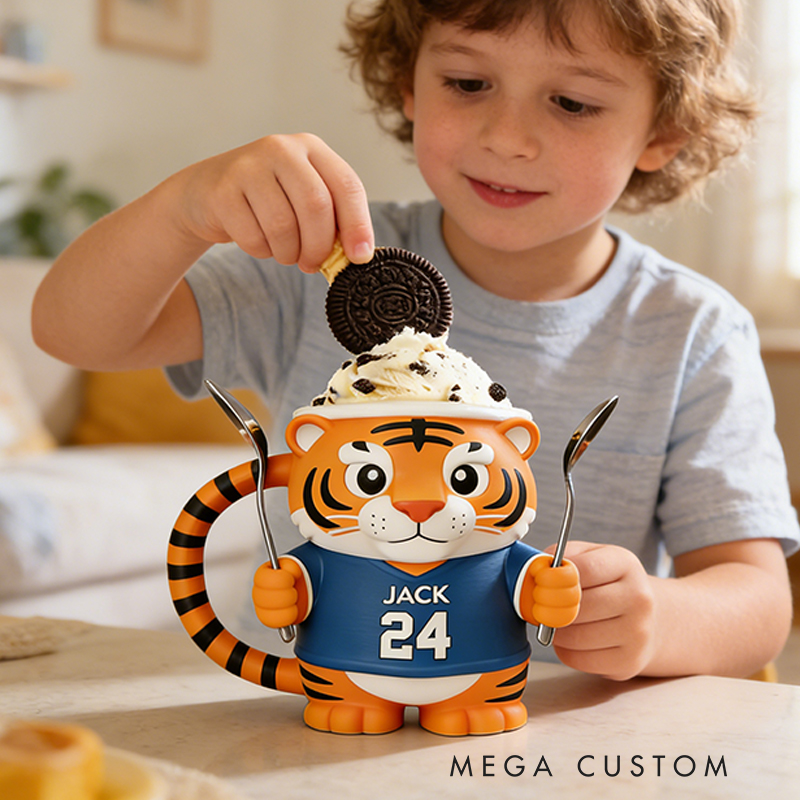 Personalized Tiger Baseball Mascot Ice Cream Pint Holder 3D Printed with Spoon Slots & Snack Drawer Custom Detail for Kids and Baseball Enthusiasts