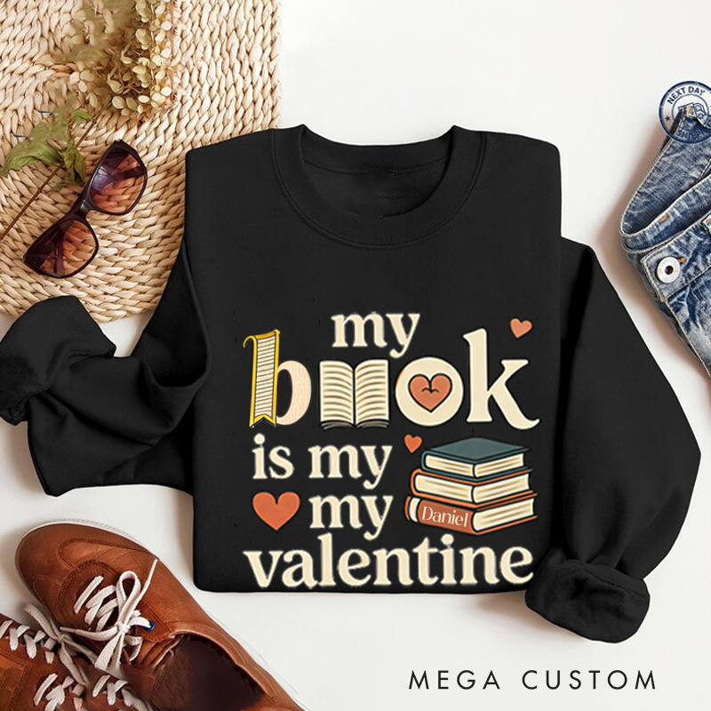 Personalized My Book is My Valentine Sweatshirt Retro Book Sweatshirt with Name Valentines Day Gift for Book Lover Reader Girlfriend Wife Women