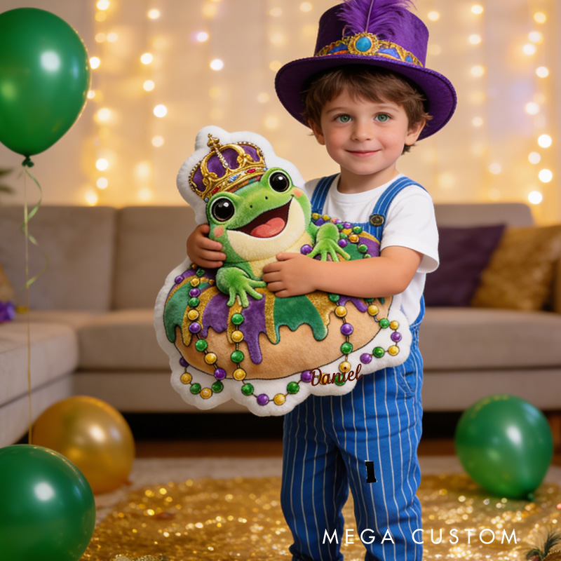 Personalized Mardi Gras Donut Frog Crown Throw Pillow Graphic 3D King Cake Animal Pillow with Name for Kids Baking Lover Mardi Gras Gift