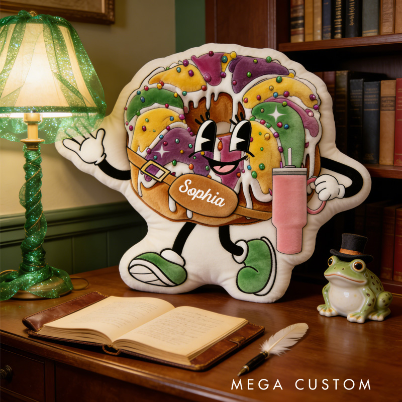 Personalized King Cake Mardi Gras Throw Pillow Graphic 3D Print Donut with Tumbler Pillow with Name for Kids Book Lover Mardi Gras Gift