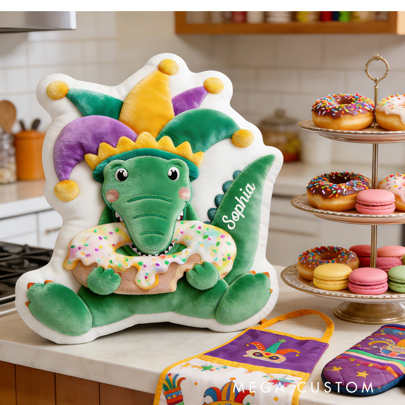 Personalized Mardi Gras Alligator Throw Pillow Graphic 3D Print Donut Pillow with Name for Boyfriend Girlfriend Baking Lover Mardi Gras Gift