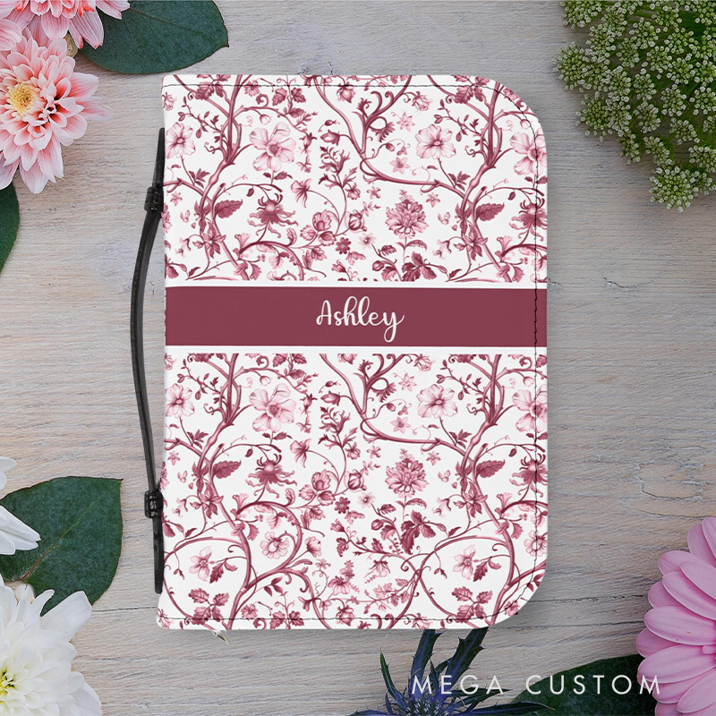 Personalized Floral PU Leather Bible Cover Case with Custom Name and Carry Handle Elegant Toile Design Religious Birthday Gift for Christian Women