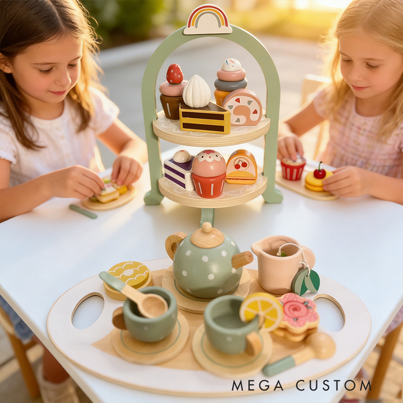 Personalized Kids Tea Party Set Custom Name Pretend Play Toy Adorable Wooden Tea Party Set for Creative Fun