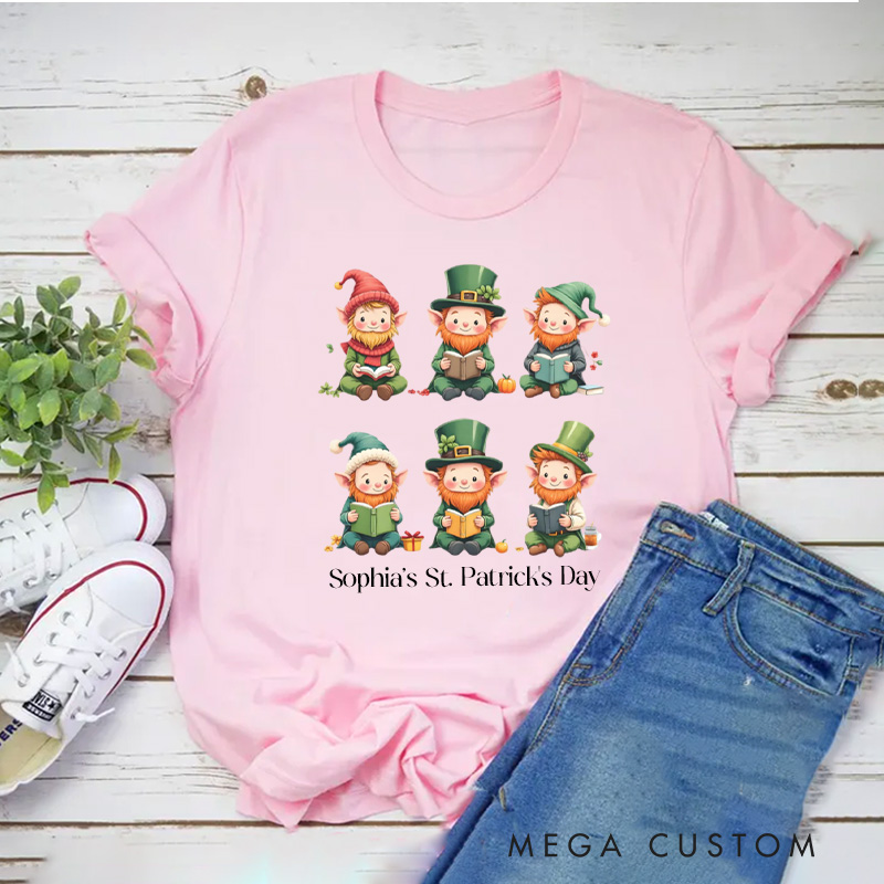 Personalized Book Lover Leprechaun Classic T-Shirts St. Patrick's Day Reading Shirt with Name Tee for Book Lover Bookworm Girlfriend Wife Women Gift