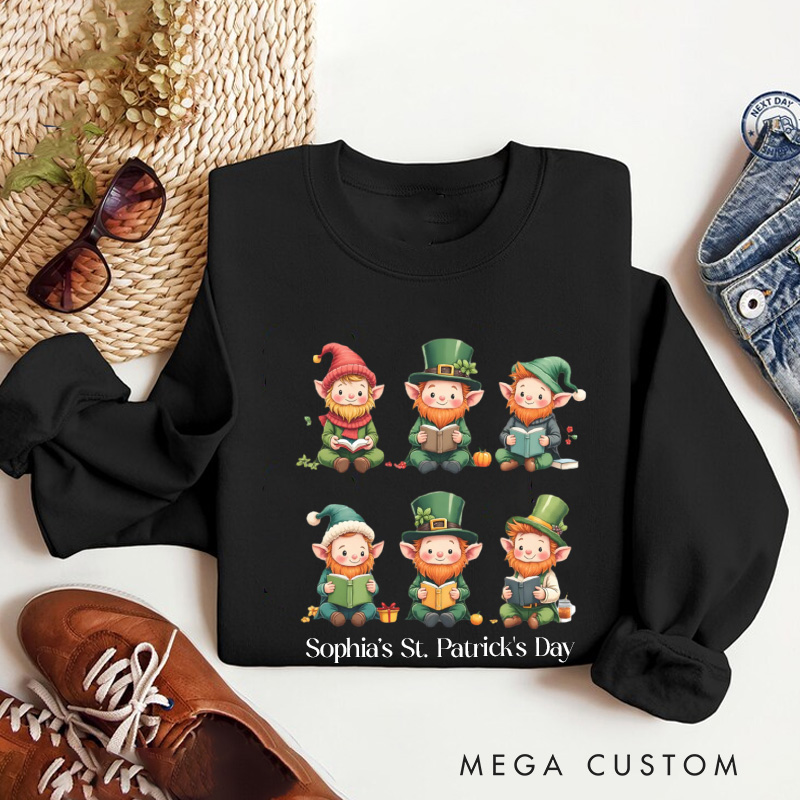 Personalized Book Lover Leprechaun Sweatshirt St Patricks Reading Sweatshirt with Name St. Patrick's Day Gift for Book Lover Reader Girlfriend Wife Librarian