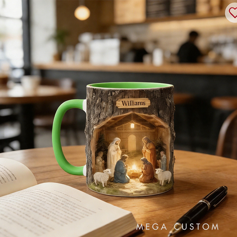 Personalized Nativity Scene 11oz Ceramic Mug with Custom Name Wood Textured Coffee Mug Religious Christian Gift Christmas Gift