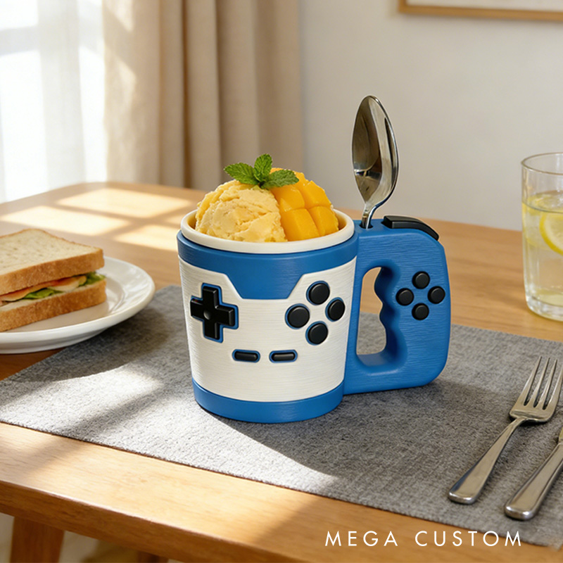 Personalized Couple Vintage Style Controller Gamer Ice Cream Pint Holder with Spoon Slots Eco-Friendly 3D Print for Game Lovers