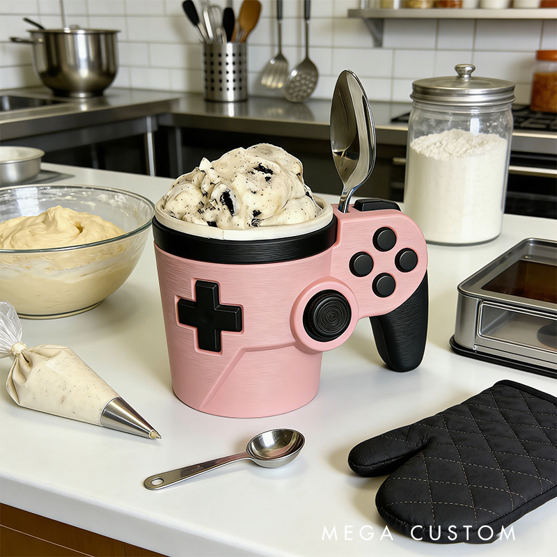 Personalized Couple Morden Controller Gamer Ice Cream Pint Holder with Spoon Slots Eco-Friendly 3D Print for Game Lovers