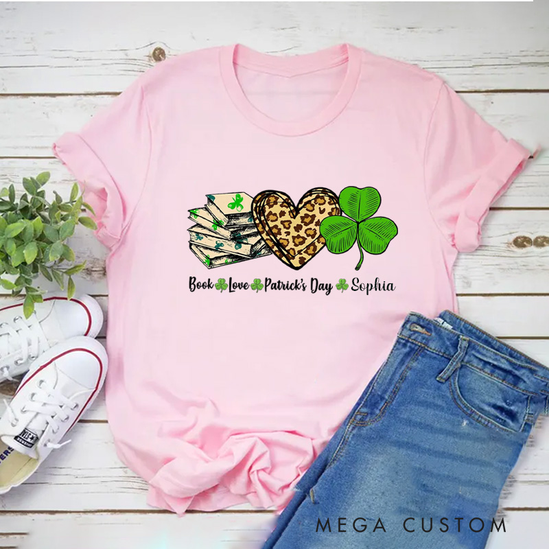 Personalized Book Lover St. Patrick's Day Classic T-Shirts Irish Shamrock Reading Shirt with Name for Book Lover Bookworm Girlfriend Wife Women Gift