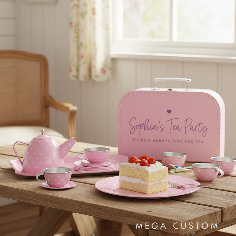 Personalized 15 Piece Tin Tea Set Custom Name Pretend Play Tea Party Toy for Kids Adorable Role-Playing Fun
