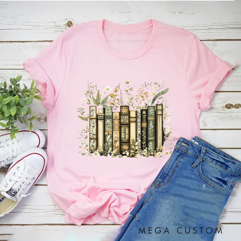 Personalized Flower Books Classic T-Shirts Floral Book Shirt with Name Librarian Tee for Book Lover Bookworm Girlfriend Wife Women Gift