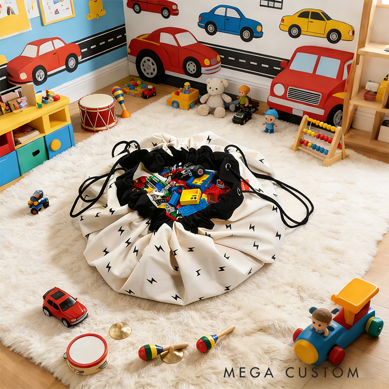 Personalized Car Themed Play Mat & Toy Storage Bag Custom Name 2-in-1 Activity Blanket for Kids