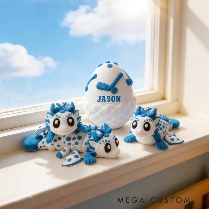 Personalized 3D Printed Ice Hockey Dragon and Egg Toy Set with Custom Name for Kids 