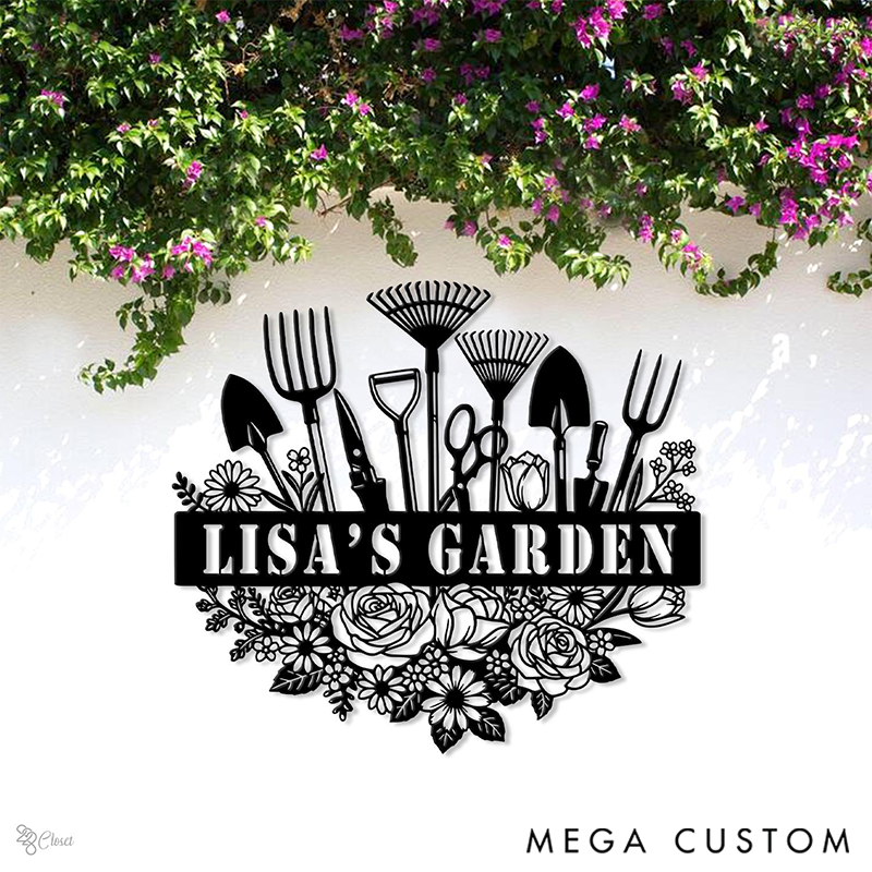 Personalized Custom Garden Sign with Tools Gift for Mom Garden Gift Outdoor Wall Art with Flower Decor for Garden Lover