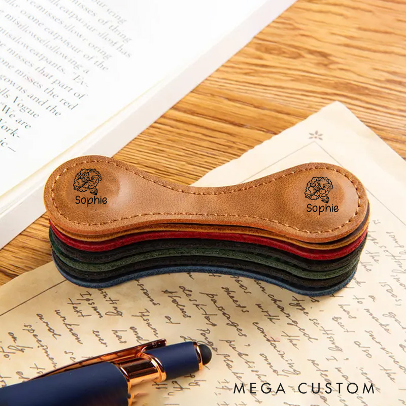Personalized PU Leather Birth Flower Magnetic Bookmark Clip with Name Birthday Gift for Bookworm Book Lover