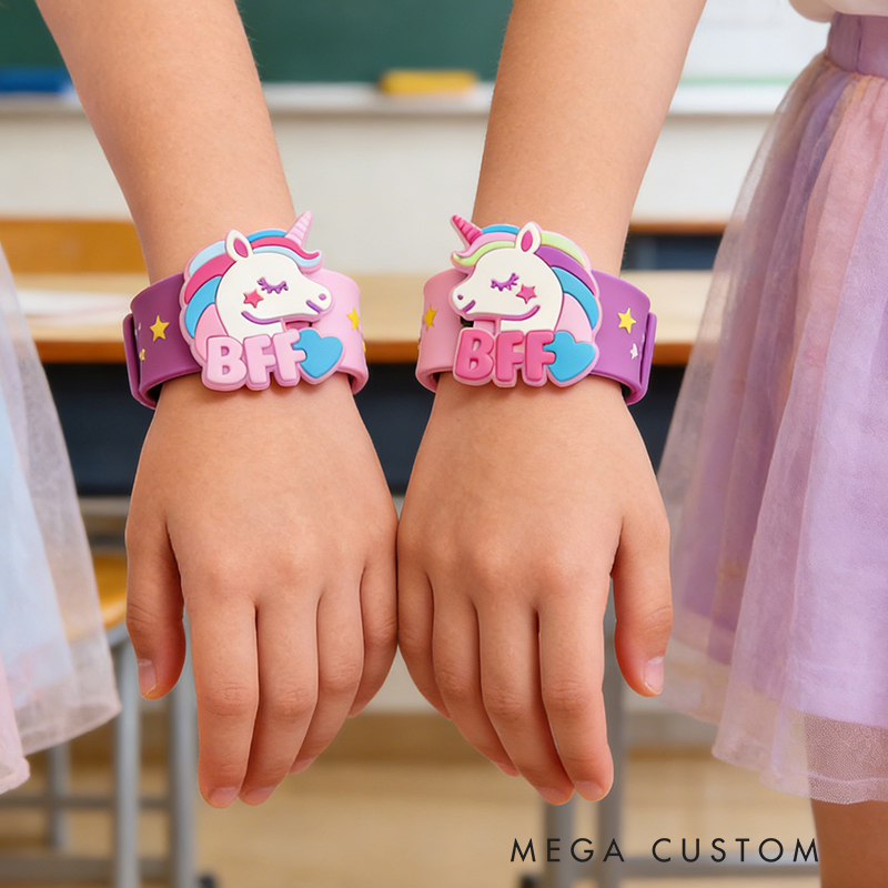 Personalized Unicorn BFF Slap On Bracelet Set Custom Name Friendship Gift for Kids Pair Design