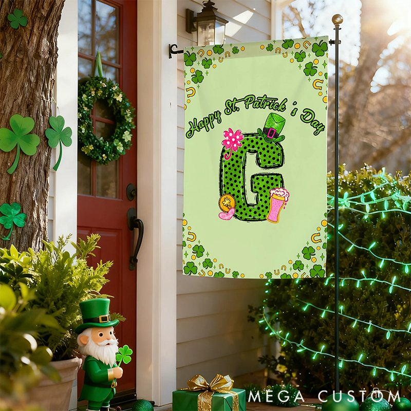 Personalized Lucky Shamrock Beer Mug Initial Garden Flag Outdoor Decor St. Patrick's Day Gift for Garden Lover