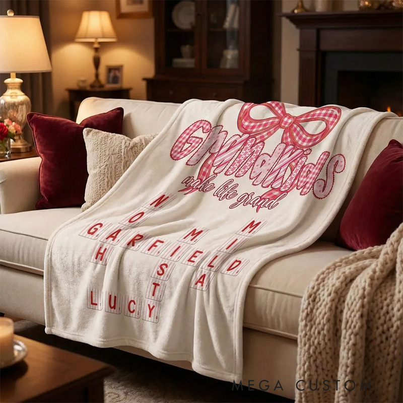 Personalized Grandkids Make Life Grand Blanket Preppy Valentine Pattern Crossword Puzzle Art Valentine's Day Gift for Grandma