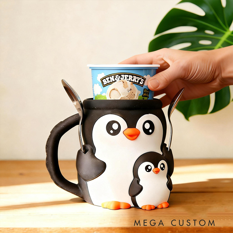 Personalized Adorable PenguinIce Cream Cozy Pint Holder 3D Printed with Spoon Slots & Snack Drawer for Mom Kids Ice Cream Lover