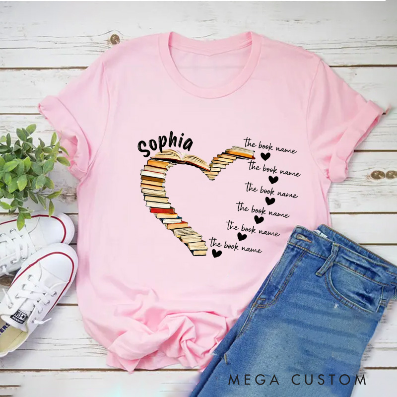 Personalized Book Heart Classic T-Shirts with Name Book Lover Tee for Book Lover Bookworm Girlfriend Wife Women Gift