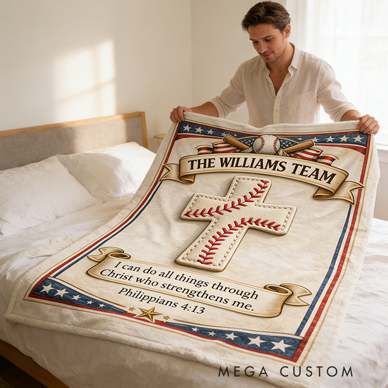 Personalized Baseball Blanket with Family Name and Inspirational Verse for Sports Enthusiasts and Believers Alike