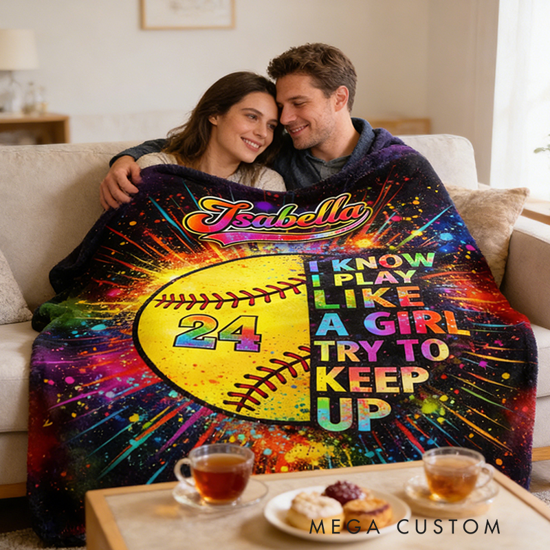 Personalized Softball Blanket with Custom Name and Jersey Number for Girls Who Love the Game