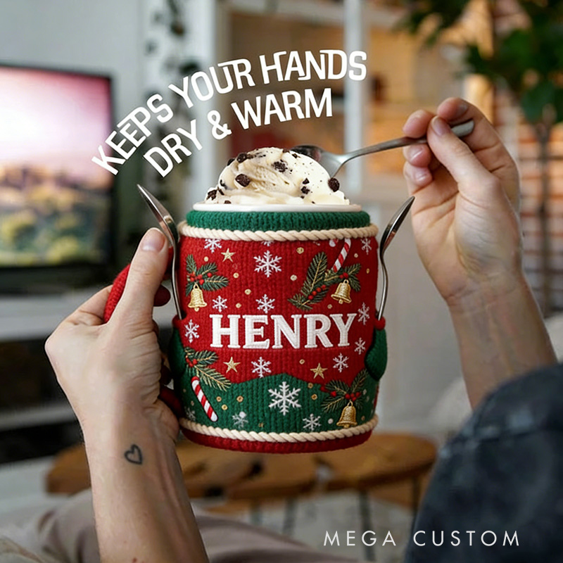 Personalized Knit Ice Cream Cozy Holder with Spoon Slots Gift for Mom Kids Ice Cream Lover