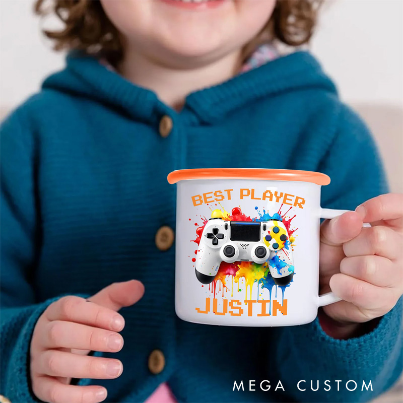 Personalized Watercor Ink Splash Controller 12oz Enamel Mug with Initial and Name Back to School Birthday Game Lover Gift for Kids